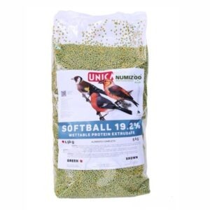 Envase de UNICA Softball Green 1.5kg, perlas verdes nutritivas para aves